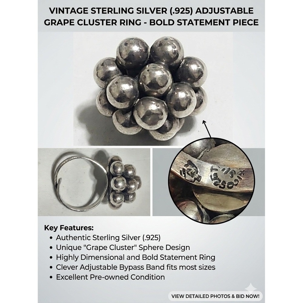 Vtg. Sterling Silver 925 Adjustable Grape Cluster Sphere Statement Ring Mexico